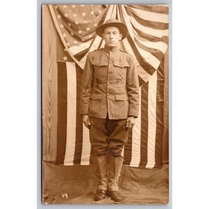 WWI US Soldier RPPC Antique Real Photo Postcard American Flag Backdrop
